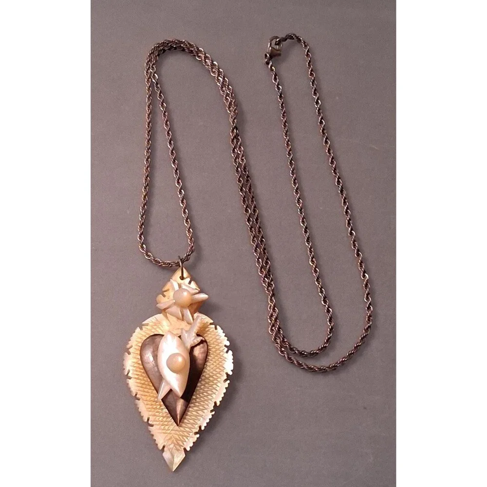 Carved Sacred Heart Necklace Mother of Pearl